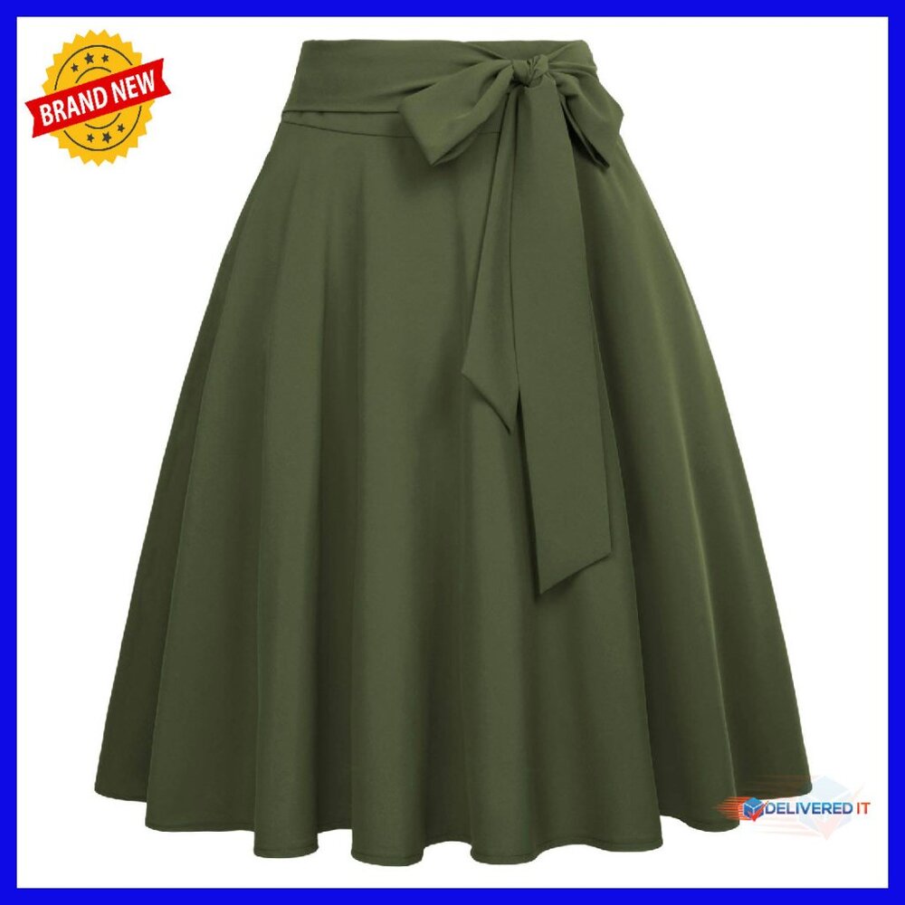 High Waist A-Line Skater Midi Skirt With Pockets - Twill Fabric